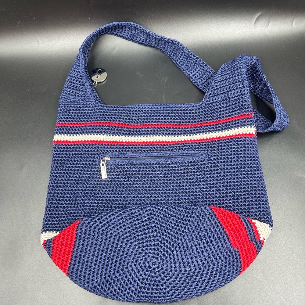 The Sak Hand Crocheted Navy Stripe Shoulder Bag Bali Made Lined Boho Casual - Picture 3 of 10